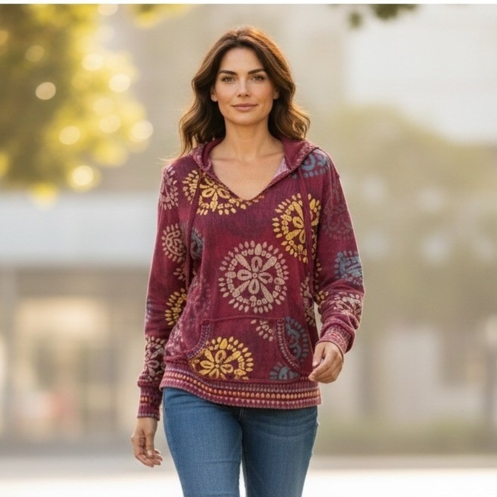 Maurices Womens Burgundy Mandala Paisley V-Neck Hoodie Sweatshirt Sz 0 #336J